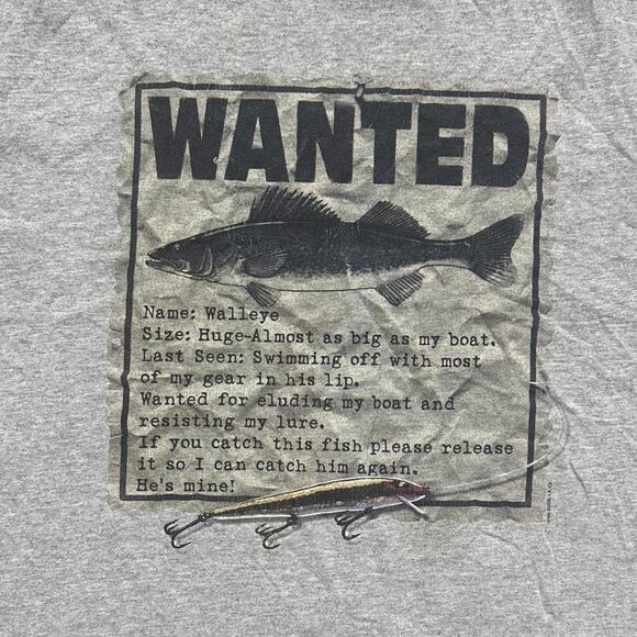 Vintage Y2K "Wanted Walleye" Fishing Funny Text Tee Mens XL Grey Joke Fish Shirt - Picture 2 of 4